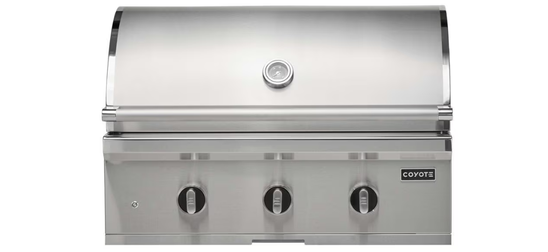 Coyote C-Series 34-Inch Built-In Gas Grill with sleek stainless steel finish and three control knobs.