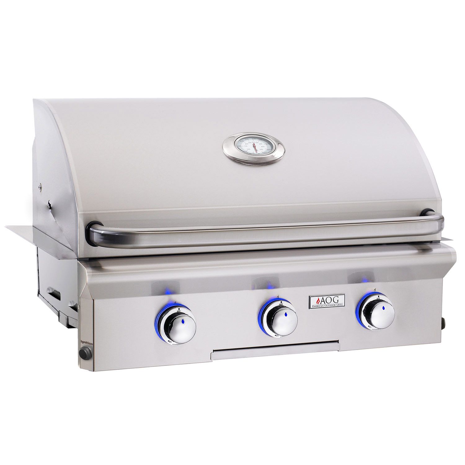 Angled view of the AOG L-Series 30-inch built-in gas grill featuring stainless steel finish and illuminated control knobs.