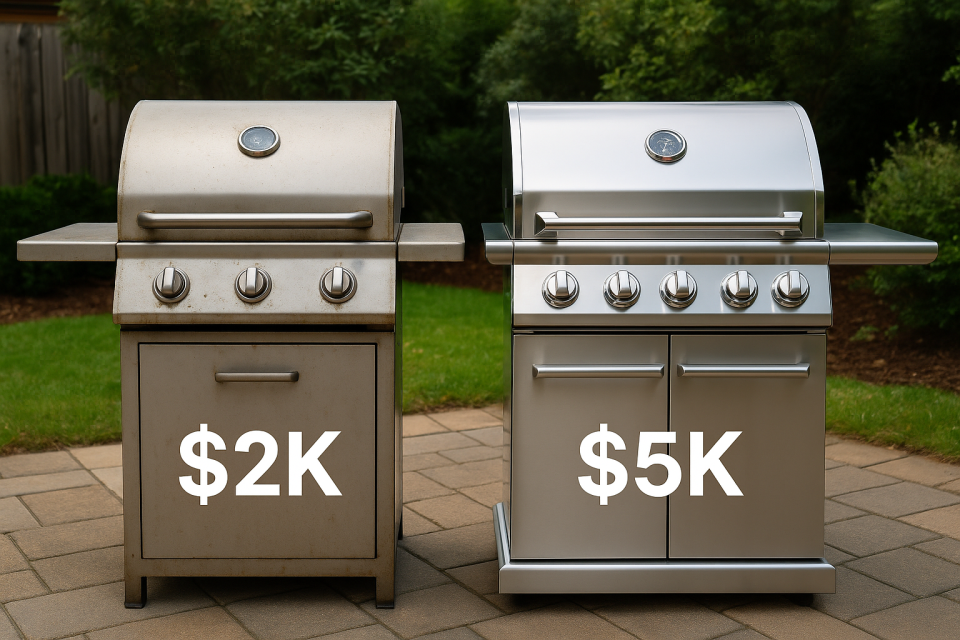 Side-by-side comparison of stainless steel grills showing a rusted $2K model next to a polished $5K premium model, highlighting build quality differences.