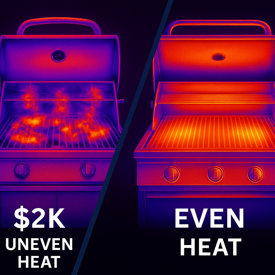 Infographic showing stainless steel grade and gauge differences between budget and premium grills