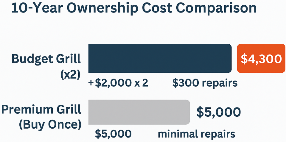 Infographic comparing 10-year grill ownership costs: $4,300 for two $2K grills plus repairs vs $5,000 for a single premium grill with minimal maintenance