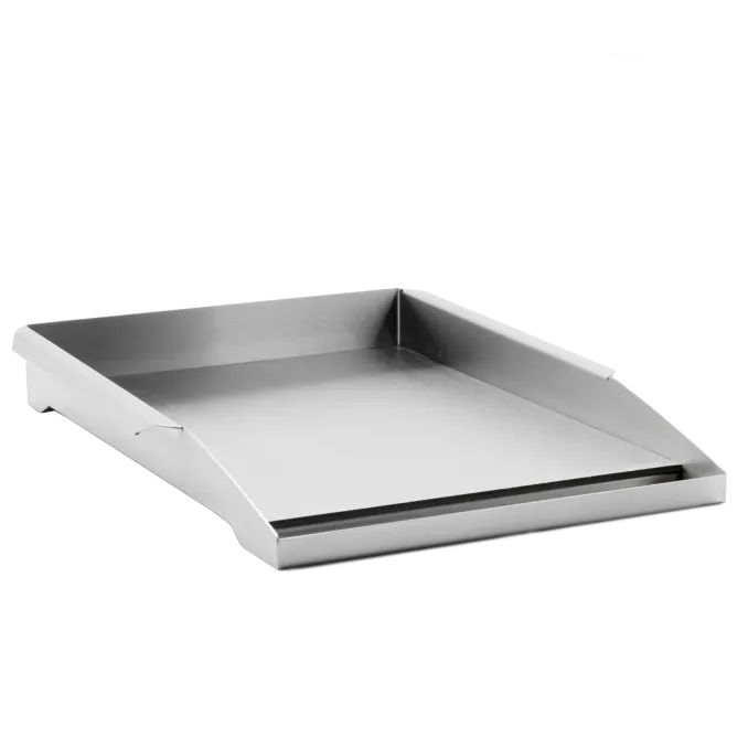 TrueFlame 12-gauge #304 stainless steel griddle plate with 235 sq. in. cooking surface and integrated grease trap, designed to fit all TrueFlame grills