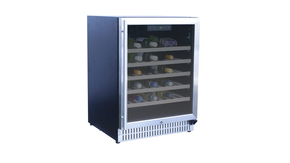 TrueFlame 24-inch outdoor-rated dual zone wine cooler with stainless steel frame and 46-bottle capacity, shown stocked with assorted wine bottles
