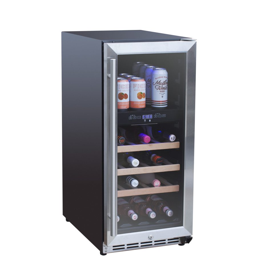 TrueFlame 15-inch dual zone outdoor wine cooler with stainless steel door, digital controls, and mixed storage of wine bottles and canned beverages