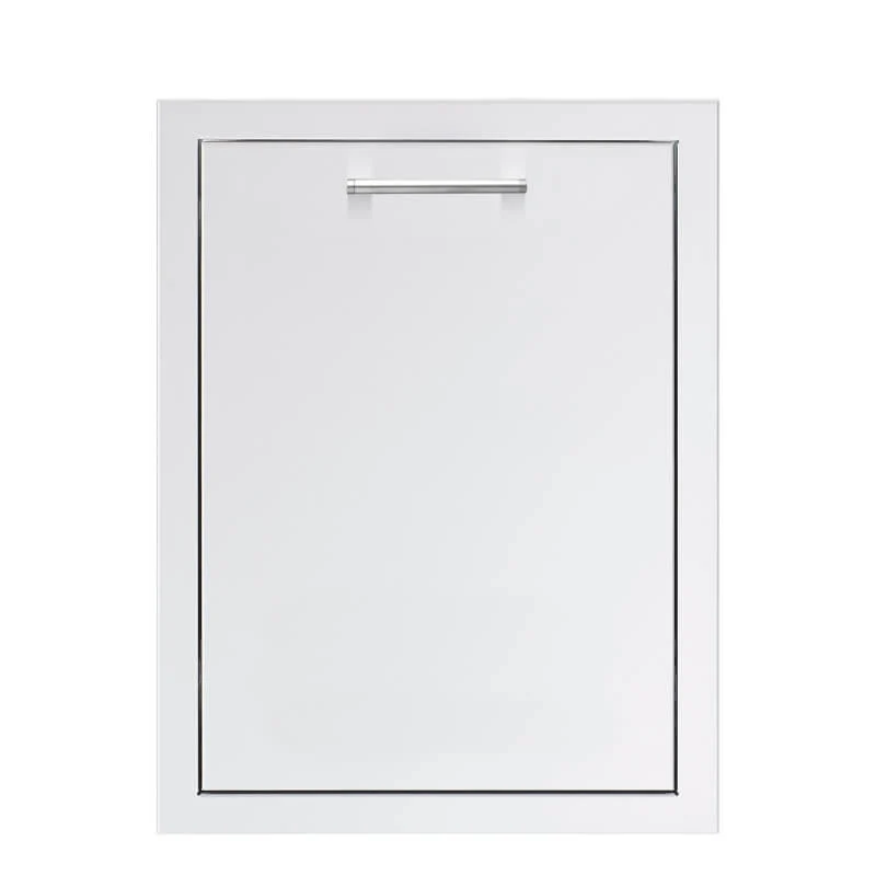 TrueFlame 20-inch dual-bin trash and recycling drawer with a flush-mounted stainless steel door, designed for built-in outdoor kitchens