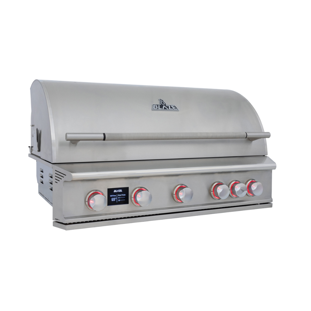Blaze LTE PRO 40-Inch 5-Burner Built-In Gas Grill featuring illuminated control knobs and touchscreen temperature panel