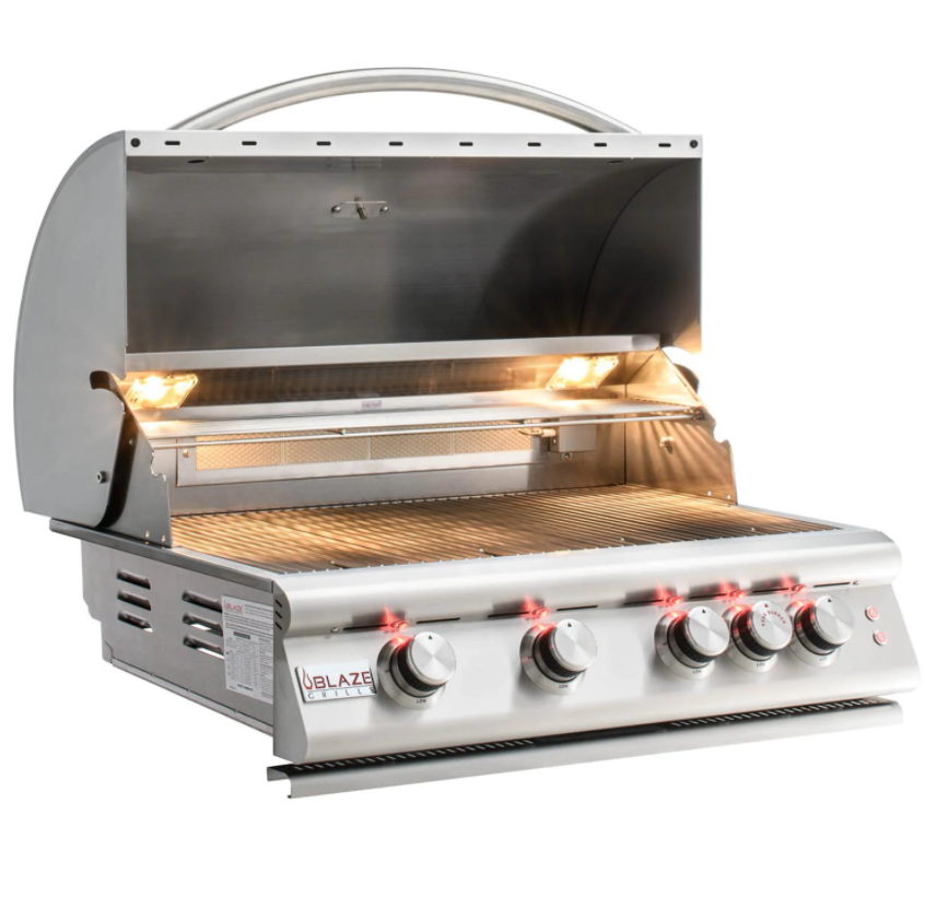 Blaze Premium LTE 32-Inch 4-Burner Grill with stainless steel grates and polished control knobs