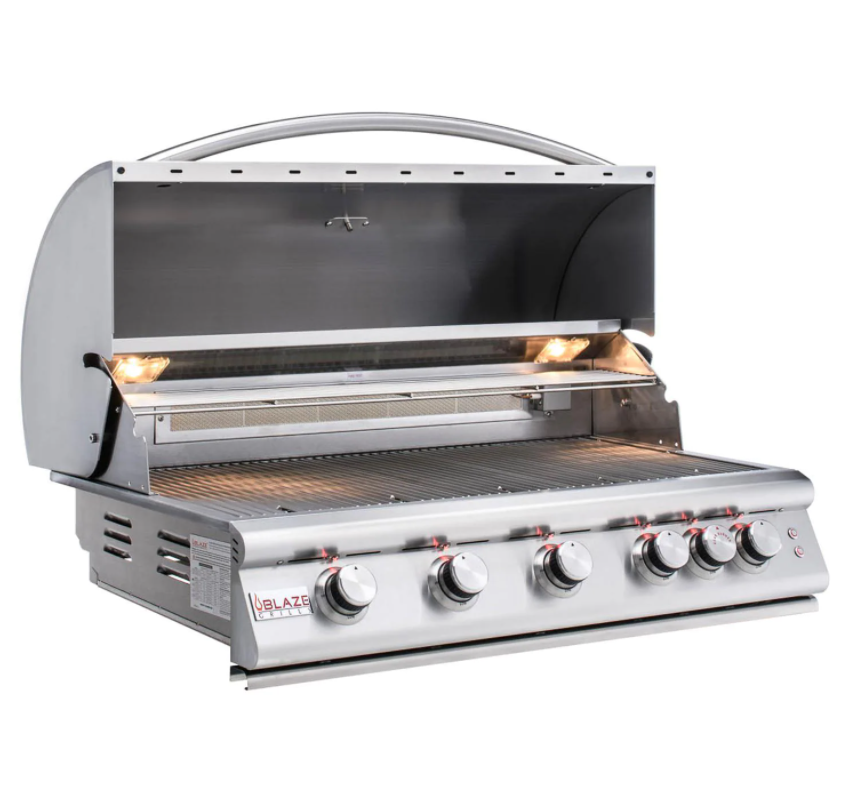 Blaze Premium LTE 40-Inch Grill open with searing rods, rear infrared burner, and knob lighting