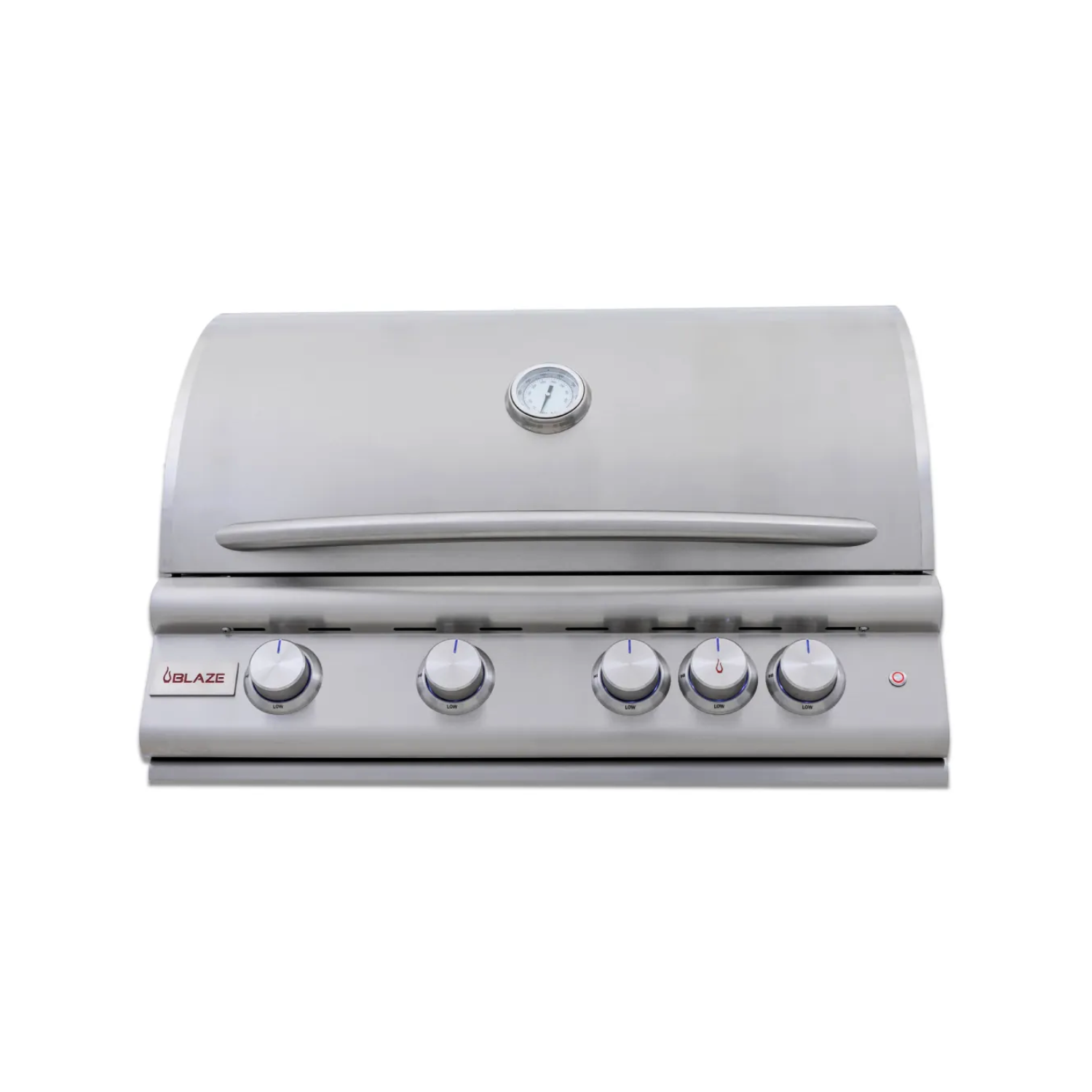 Front view of the Blaze Premium LTE+ 32-Inch Built-In Gas Grill with 4 stainless steel knobs and analog thermometer, showcasing its sleek professional design and stainless steel build for premium outdoor kitchens.