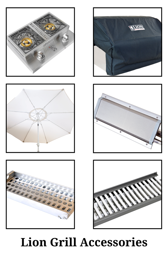 Lion grill accessories collage featuring side burner, grill cover, patio umbrella, searing burner, ceramic tubes & flame tray, and charcoal tray