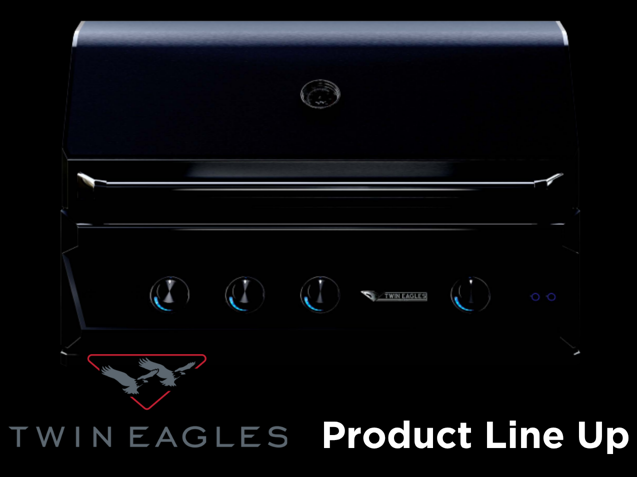 Twin Eagles Product Lineup graphic featuring a built-in gas grill with logo and product label beneath, highlighting premium outdoor kitchen equipment.