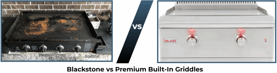 Side-by-side comparison of a rusty Blackstone griddle and a premium stainless steel Blaze built-in griddle—showcasing the difference in quality for the best flat top griddle in outdoor kitchens