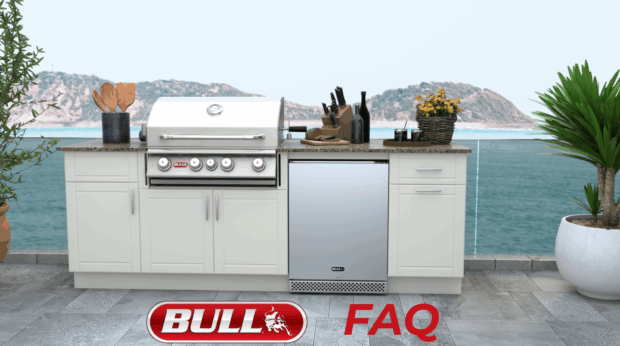 Bull BBQ FAQ outdoor kitchen setup featuring built-in Bull grill and refrigerator by the ocean