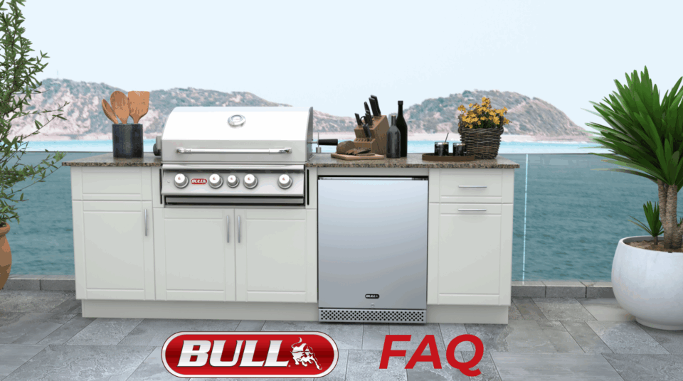 Bull BBQ FAQ outdoor kitchen setup featuring built-in Bull grill and refrigerator by the ocean