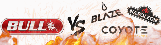 Bull BBQ vs Competitors featured image showing Blaze, Coyote, and Napoleon logos with fire background