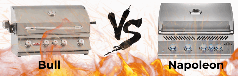 Side-by-side comparison image of the Bull Angus 30-Inch Grill and the Napoleon 700 Series 32-Inch Grill, with a fiery background and a bold “VS” in the center to highlight their mid-size built-in grill showdown.