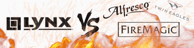 Lynx Grills vs Competitors featured image with Alfresco, Fire Magic, and Twin Eagles logos on flame background