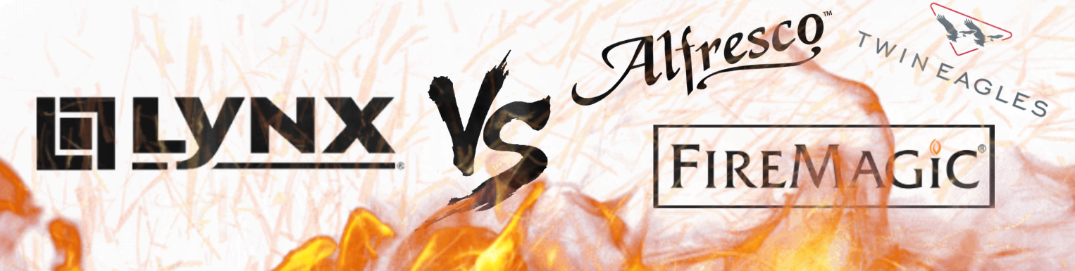 Lynx Grills vs Competitors featured image with Alfresco, Fire Magic, and Twin Eagles logos on flame background