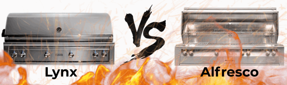 Visual comparison of Lynx 54-Inch Built-In Grill and Alfresco ALXE 56-Inch Grill with fire overlay and VS text