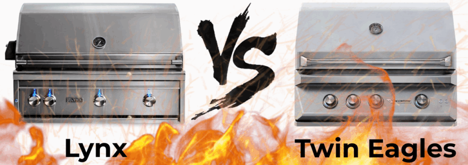 Lynx vs Twin Eagles 36-Inch Built-In Gas Grill comparison image with flame background and grill models side by side