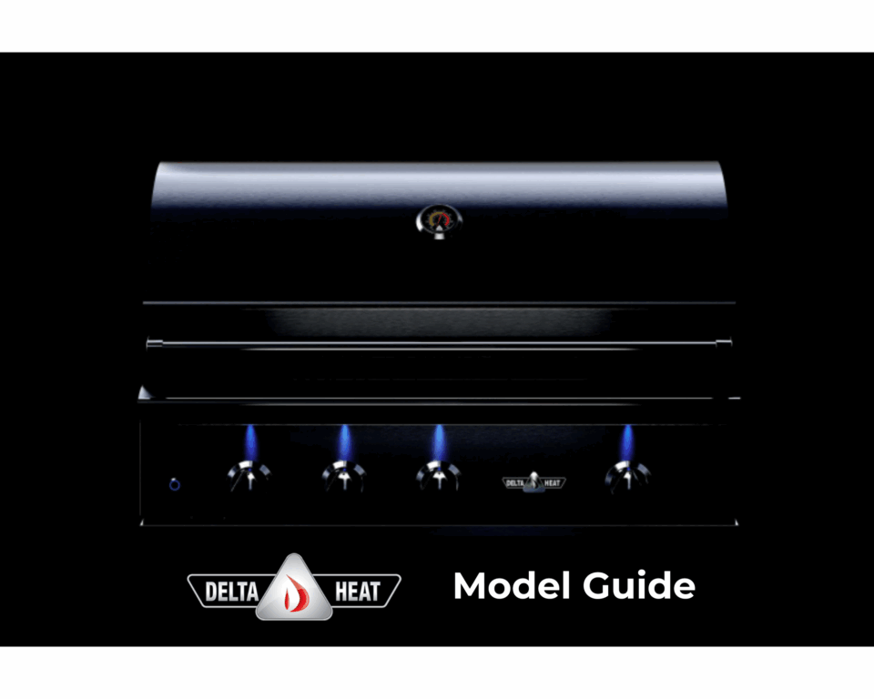 Front view of Delta Heat built-in gas grill with LED knob lighting – Delta Heat Models Guide 2025