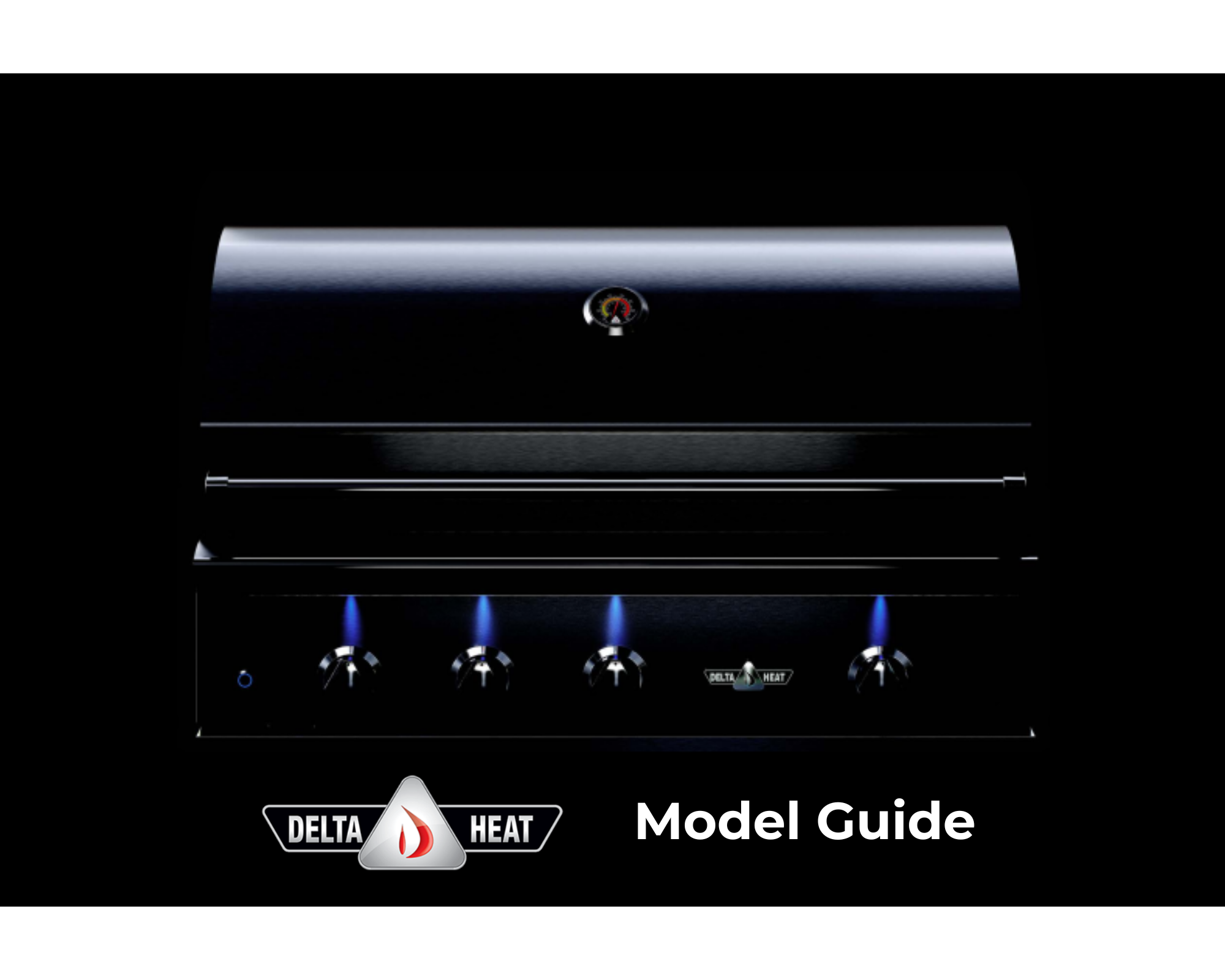 Front view of Delta Heat built-in gas grill with LED knob lighting – Delta Heat Models Guide 2025