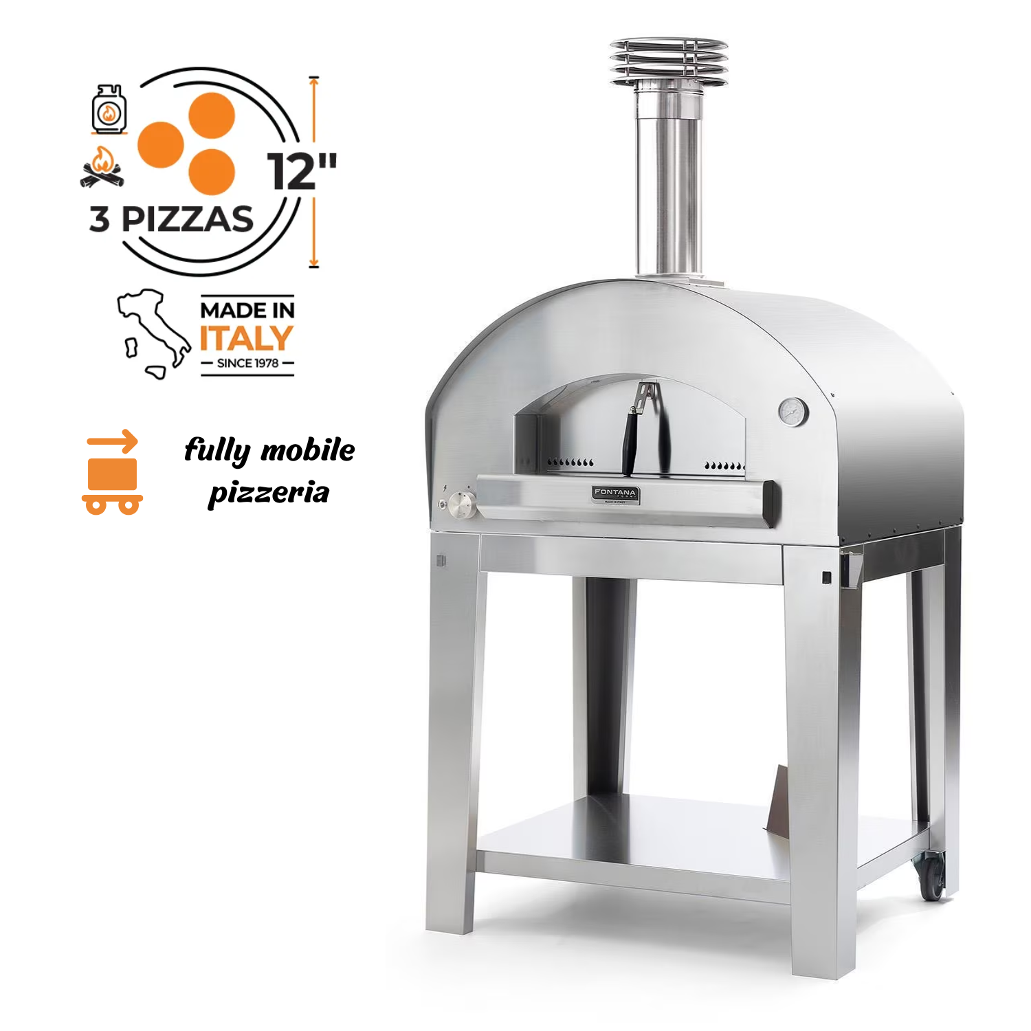 Fontana Forni Firenze Hybrid Pizza Oven on Cart – Stainless Steel – FTFIR-H-S + FTCART-L