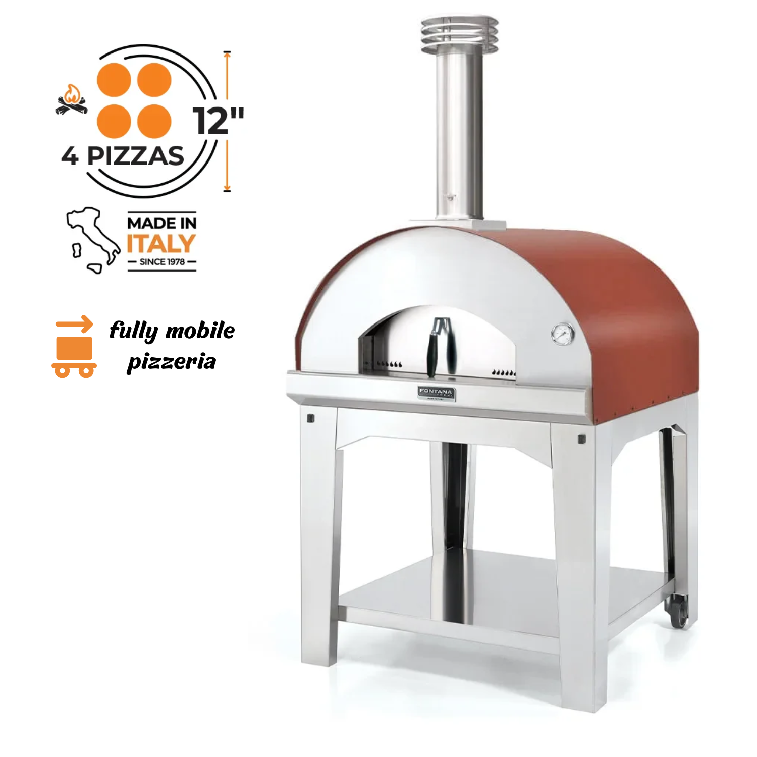 Fontana Forni Marinara Wood-Fired Pizza Oven On Cart - Red - FTMARIN-R + FTCART-XL