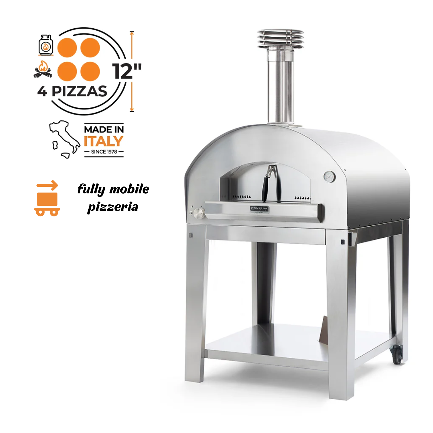 Fontana Forni Roma Hybrid Pizza Oven on Cart – Stainless Steel – FTROM-H-S + FTCART-XL