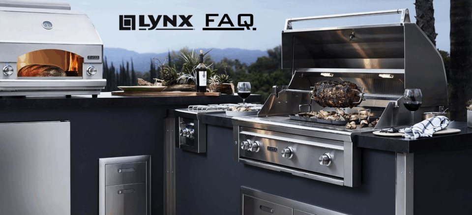 Lynx Grills FAQ Professional outdoor kitchen setup featuring a Lynx built-in grill and pizza oven with rotisserie and wine service