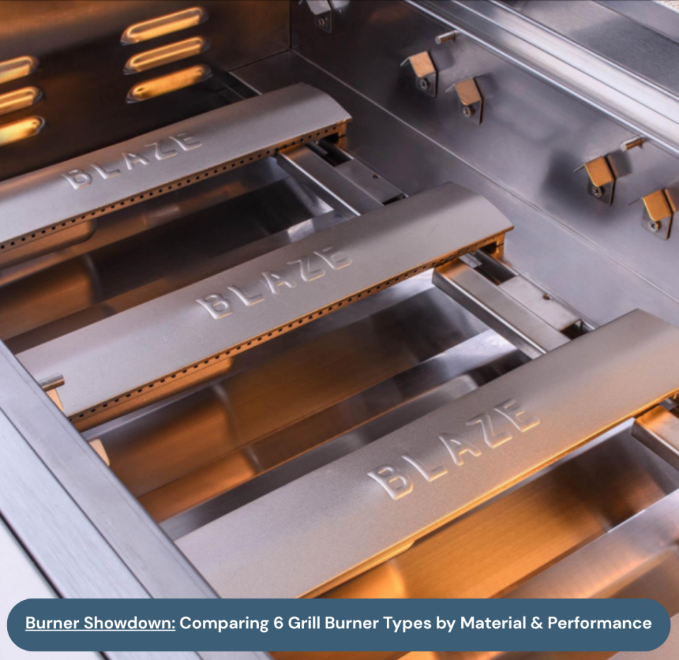Cast stainless steel burners inside a Blaze grill, featured in a blog comparing the best grill burner type across six models including ceramic and stainless tube burners