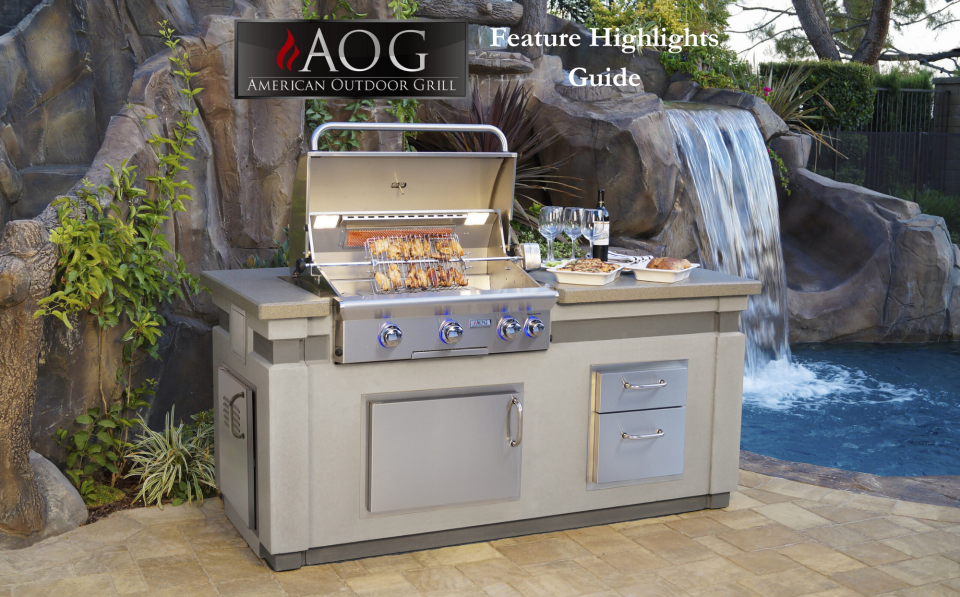 Premium outdoor kitchen setup featuring an American Outdoor Grill island with rotisserie and top AOG Grill Features on display.