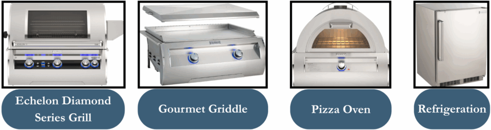 Fire Magic Products including Echelon Diamond Series Grill, Gourmet Griddle, Pizza Oven, and Refrigeration for premium outdoor kitchens