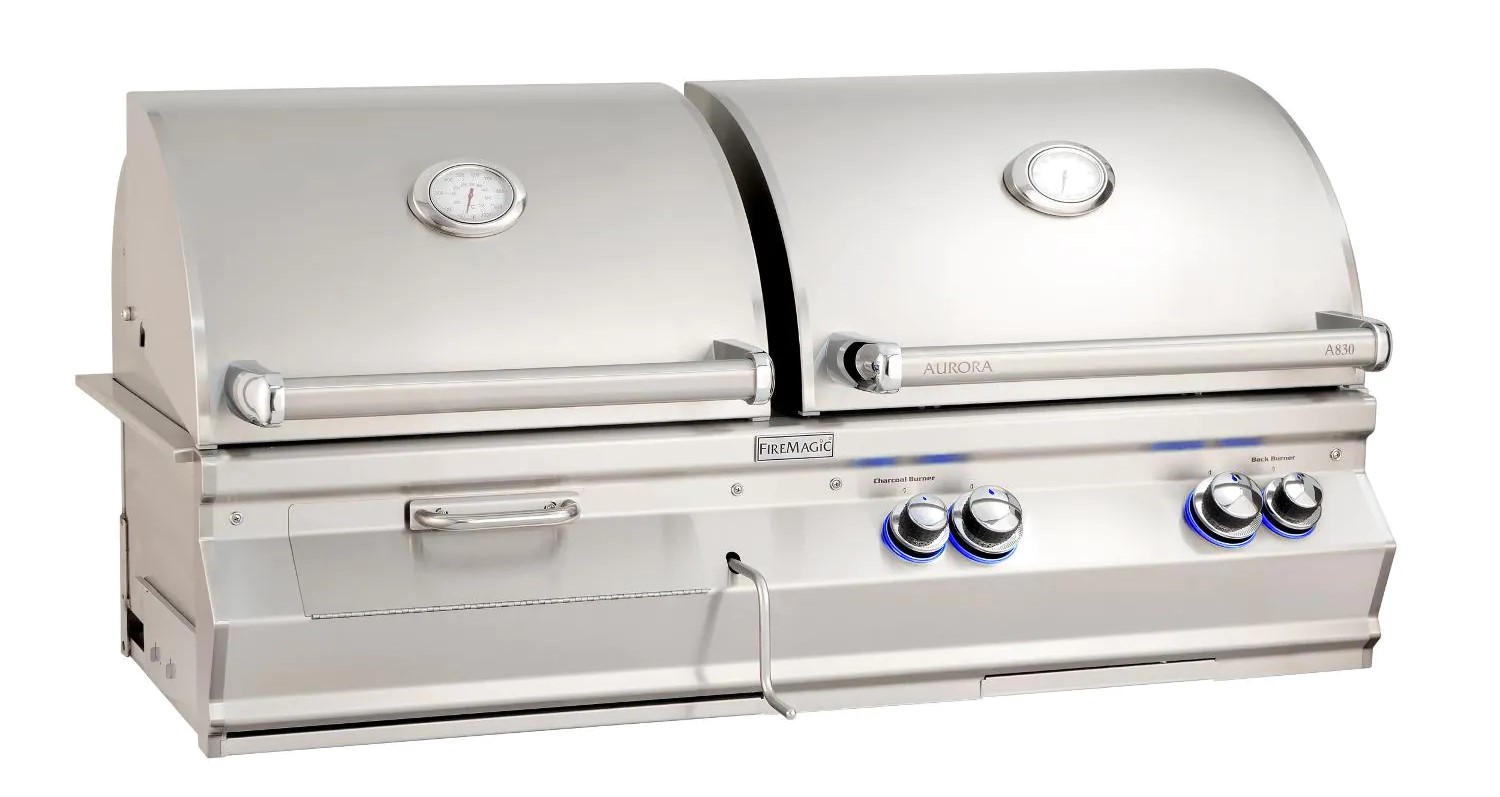 Fire Magic Aurora A830i Built-In Combo Grill with Dual Hoods for Gas and Charcoal Cooking