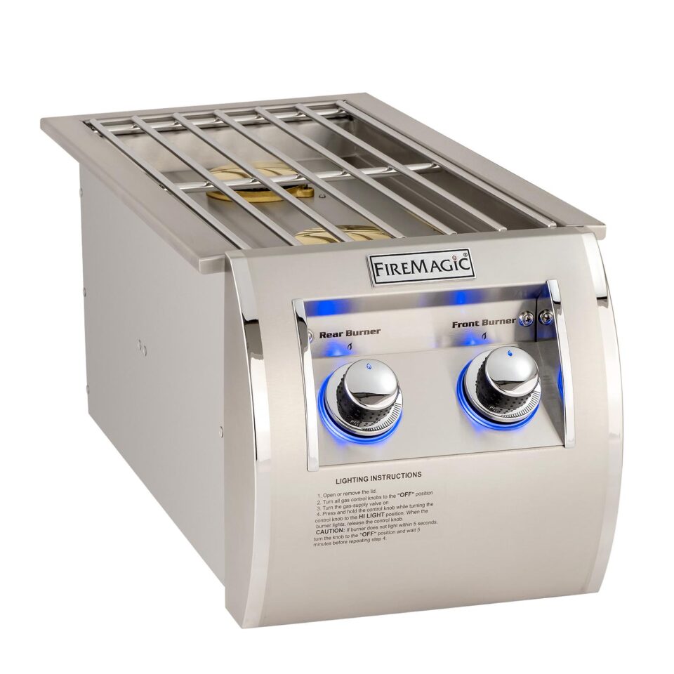 Luxury Fire Magic Echelon Diamond Double Side Burner for built-in outdoor kitchens and precision cooking.