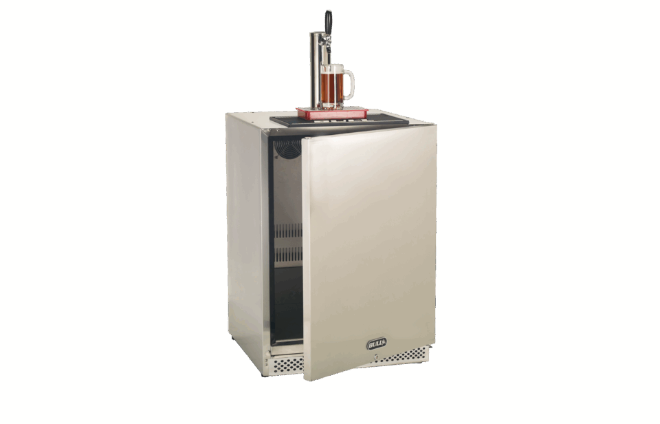 Bull Outdoor Rated Kegerator with stainless steel door and draft beer tap for backyard entertaining