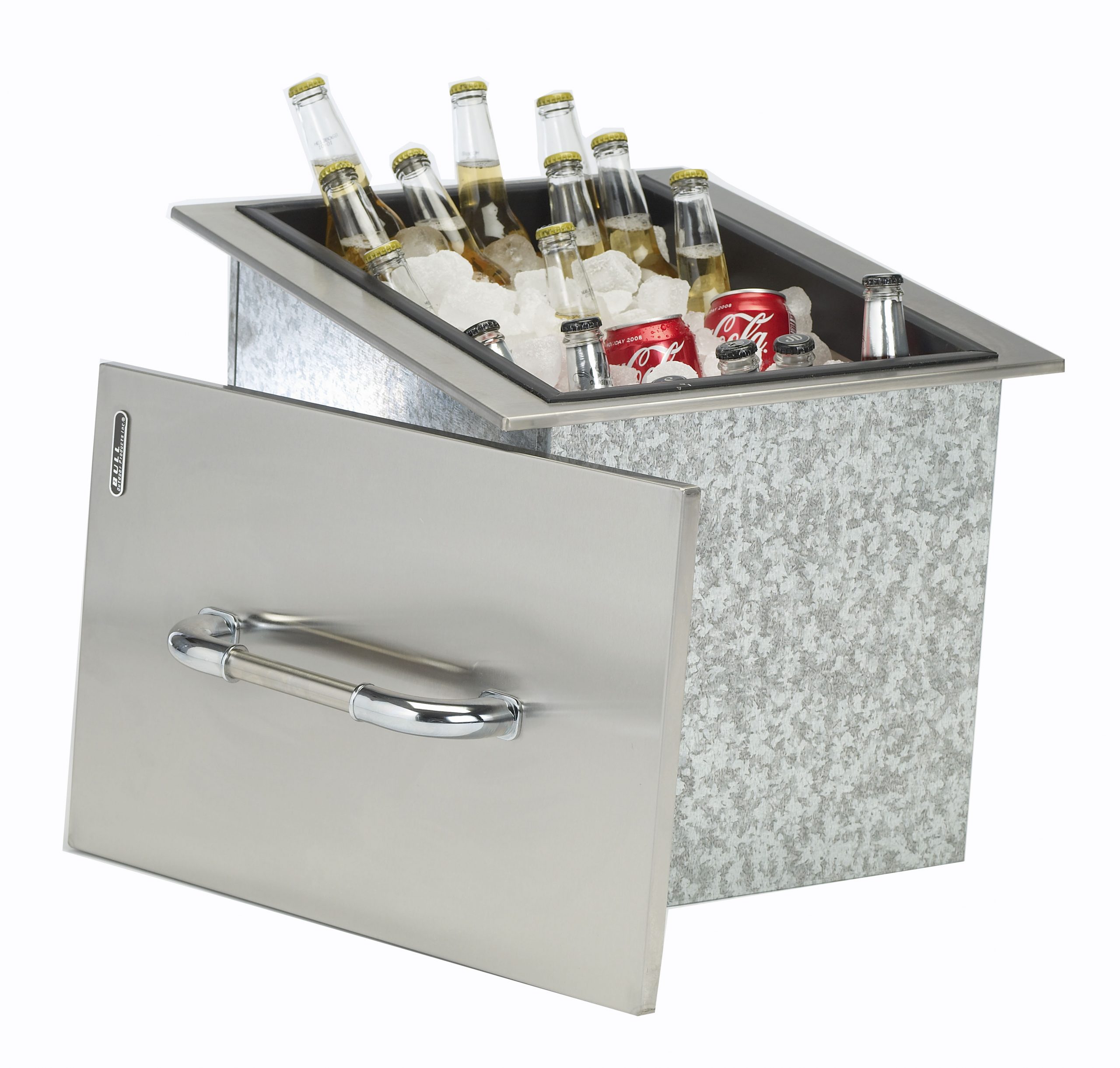 Bull Outdoor Ice Chest with Stainless Steel Flip Lid Filled with Bottled Drinks
