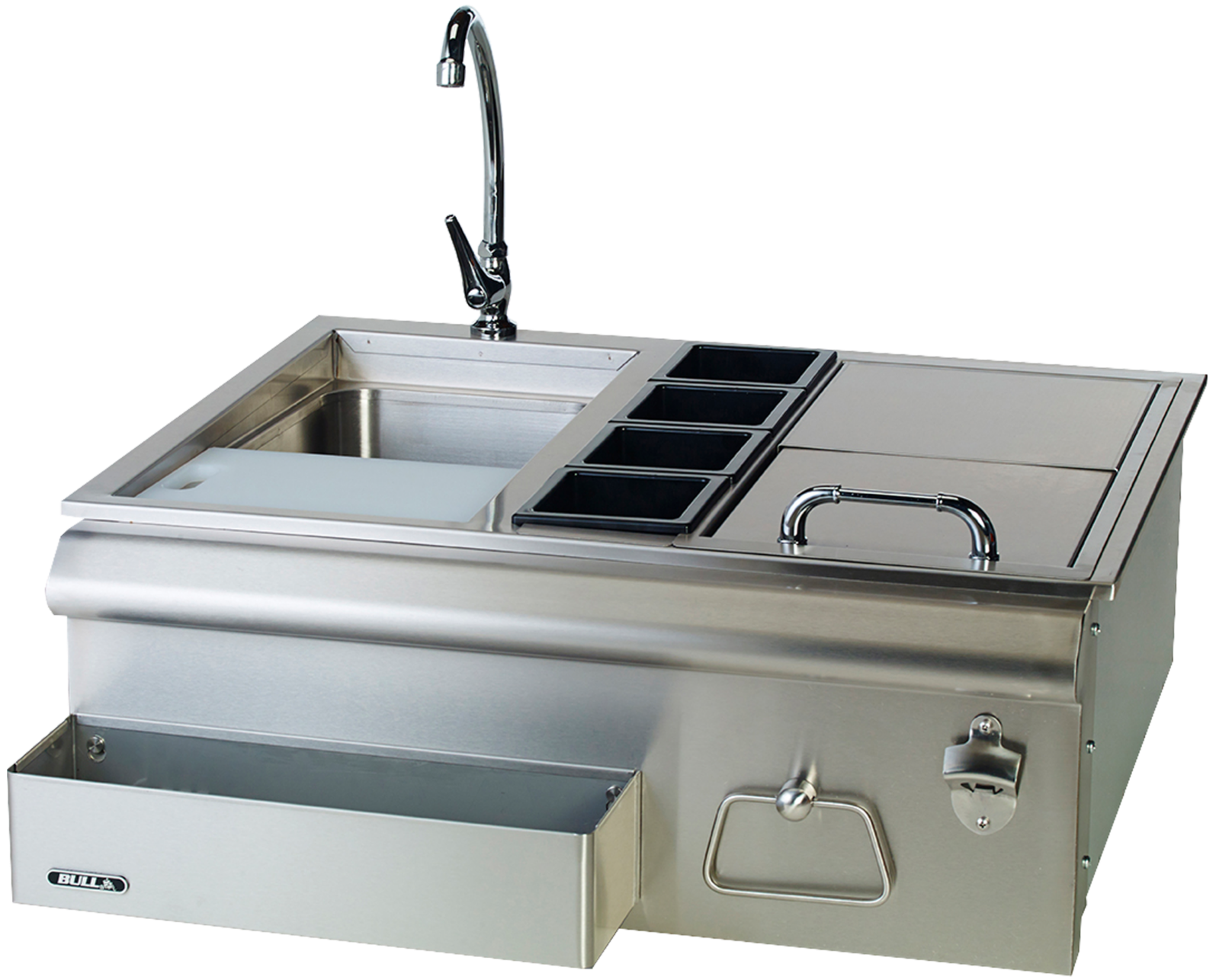Bull 30-Inch Slide-In Bar Center with Ice Chest, Sink, and Bottle Rails