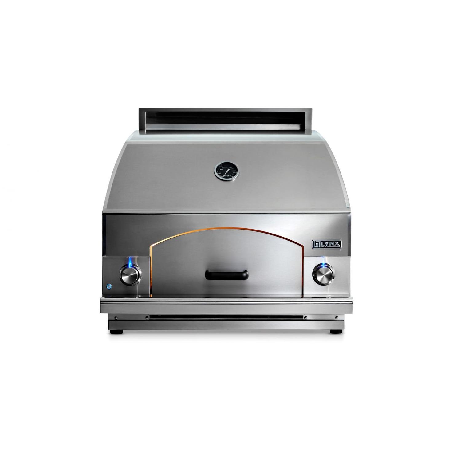 Lynx Napoli Built-In Outdoor Pizza Oven with stainless steel body and blue LED knob lighting
