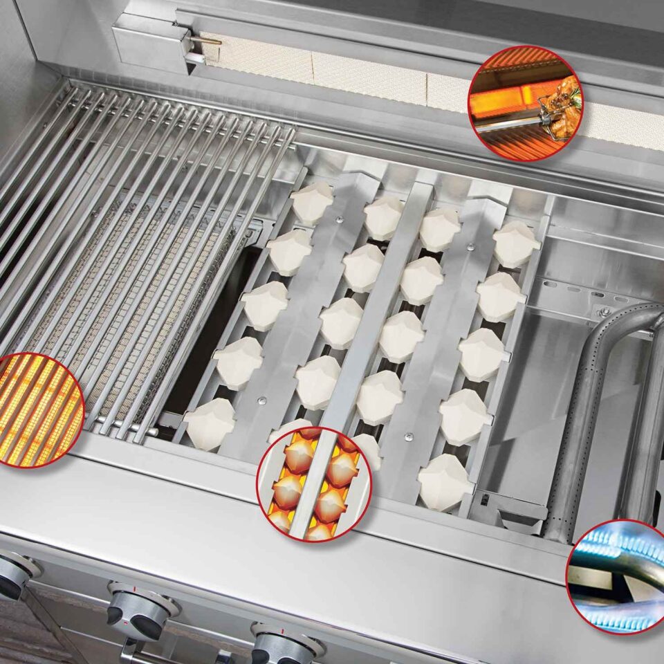 Interior of Delta Heat grill showing stainless steel grates, U-burners, and ceramic briquettes, premium outdoor kitchen construction
