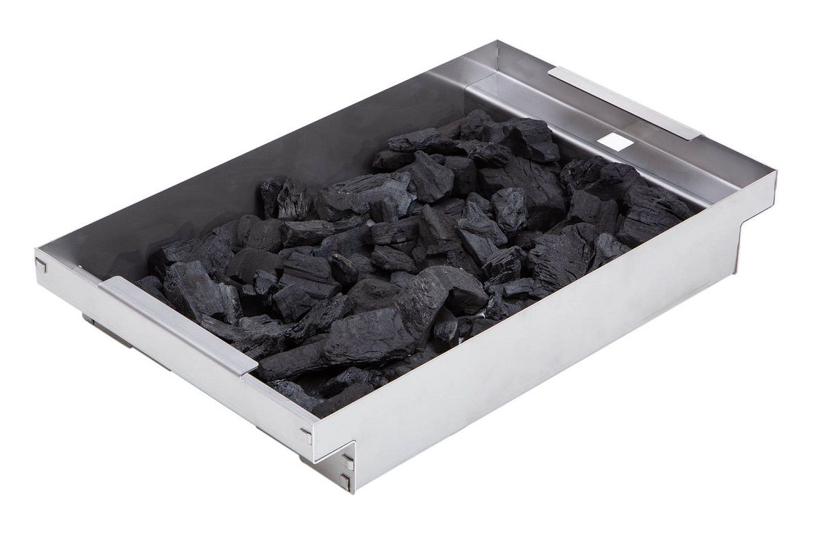 Delta Heat Stainless Steel Charcoal Tray filled with lump charcoal for use in gas grills