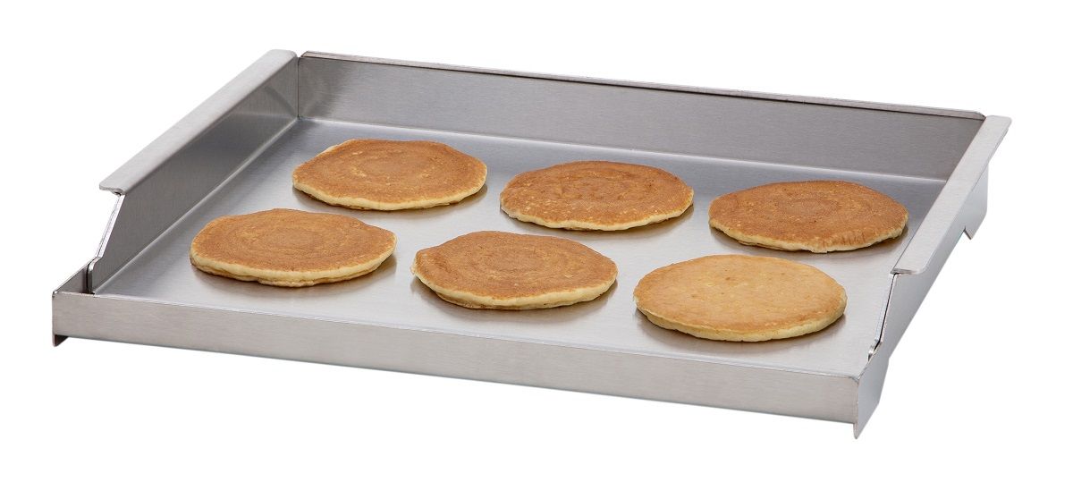 Delta Heat 22-Inch Stainless Steel Griddle Plate with pancakes on flat cooking surface
