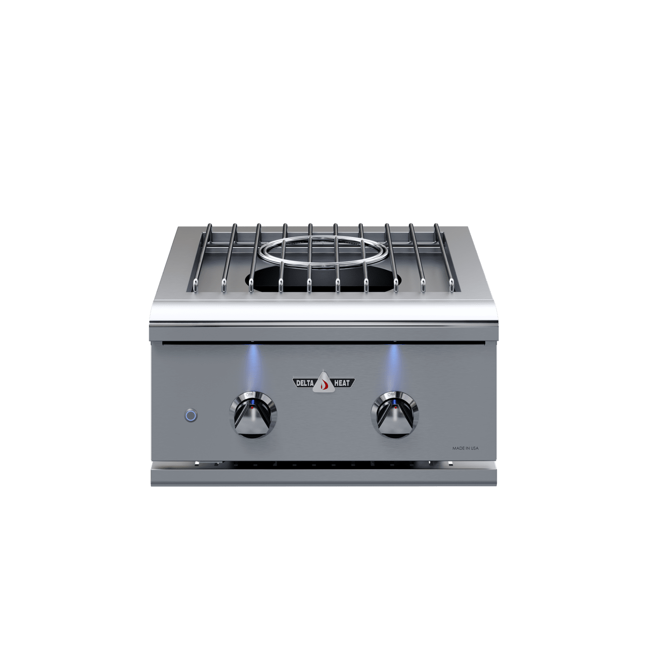 Delta Heat 22-Inch Power Burner with dual control knobs, stainless steel grates, and LED accent lighting for high-BTU outdoor cooking.