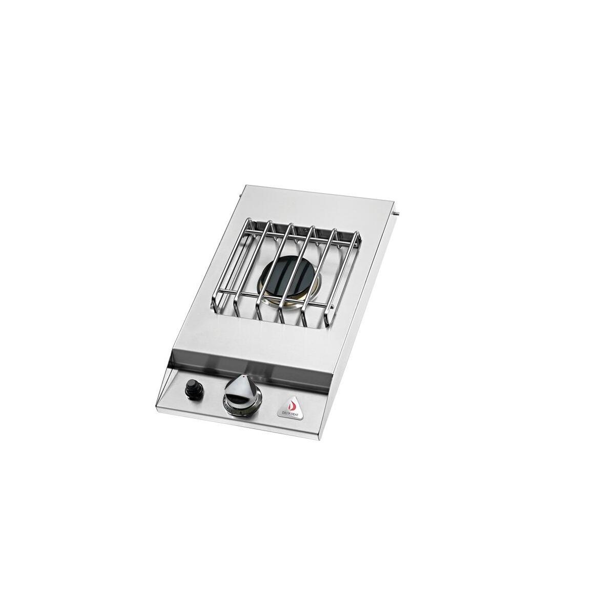 Delta Heat Drop-In Single Side Burner with stainless steel grate and protective cover, ideal for simmering sauces or boiling water outdoors.