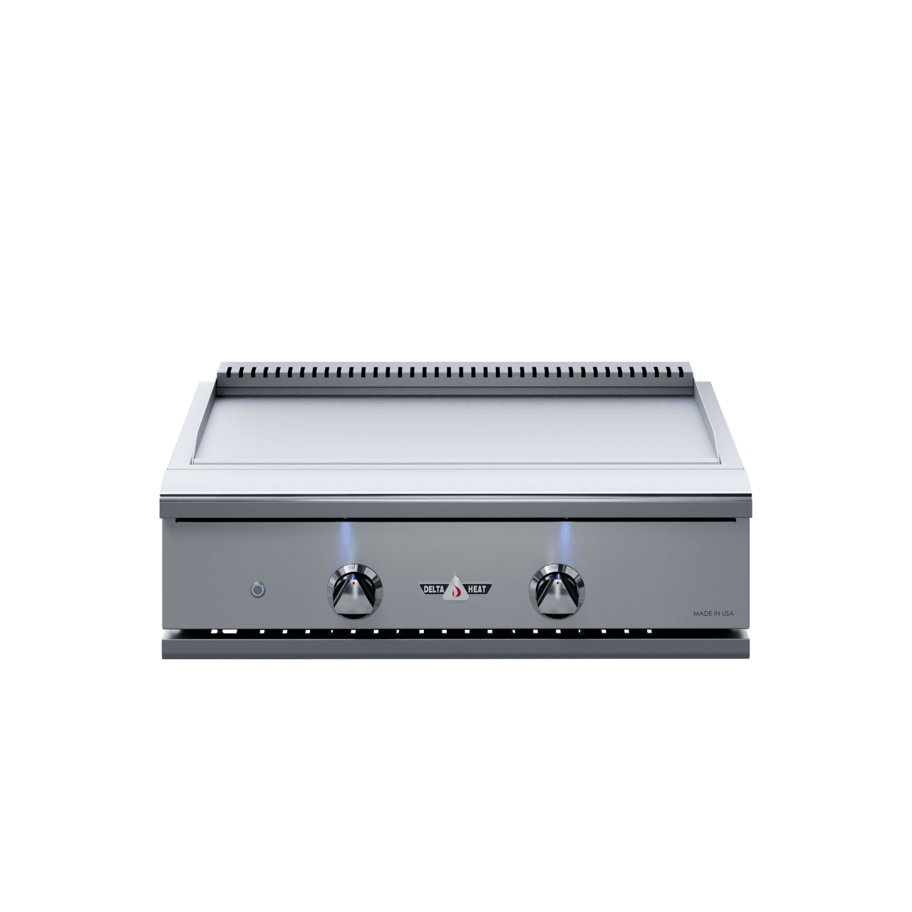 Delta Heat 32-Inch Teppanyaki Griddle with dual control knobs, sleek welded edges, and a solid stainless steel flat-top surface.