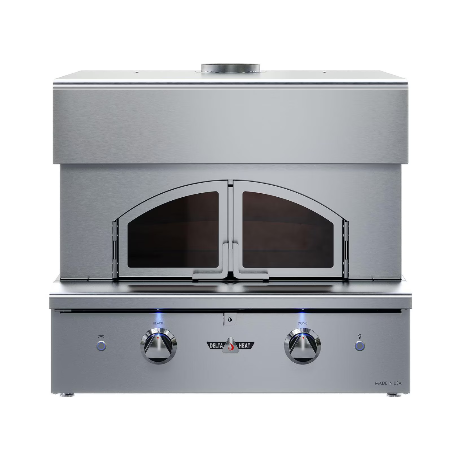 Delta Heat 30-Inch Built-In Pizza Oven with stainless steel double doors and LED-lit control knobs, designed for outdoor gourmet pizza making.