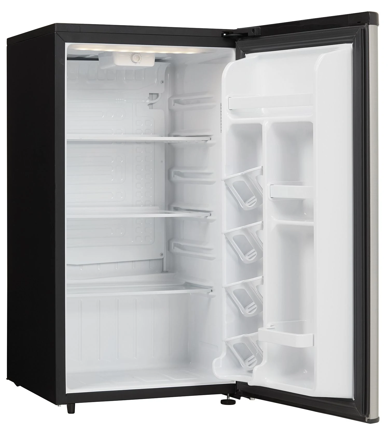 Danby compact fridge with open door showing interior shelves and beverage bottles.