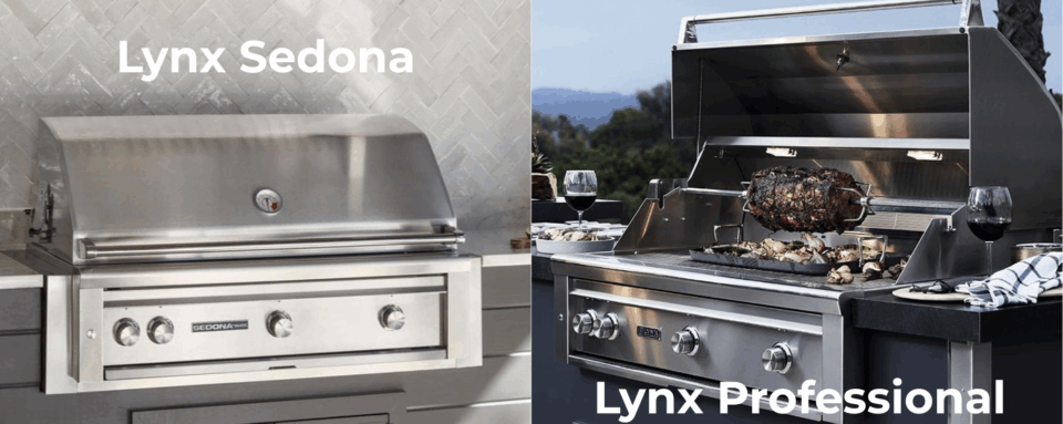 Side-by-side comparison of Lynx Sedona and Lynx Professional built-in grills, showing design and feature differences in high end BBQ grills.
