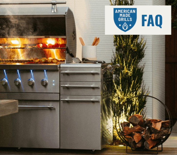 American Made Grills FAQ – luxury hybrid grill with stainless steel design, wood fuel storage, and outdoor kitchen island setup