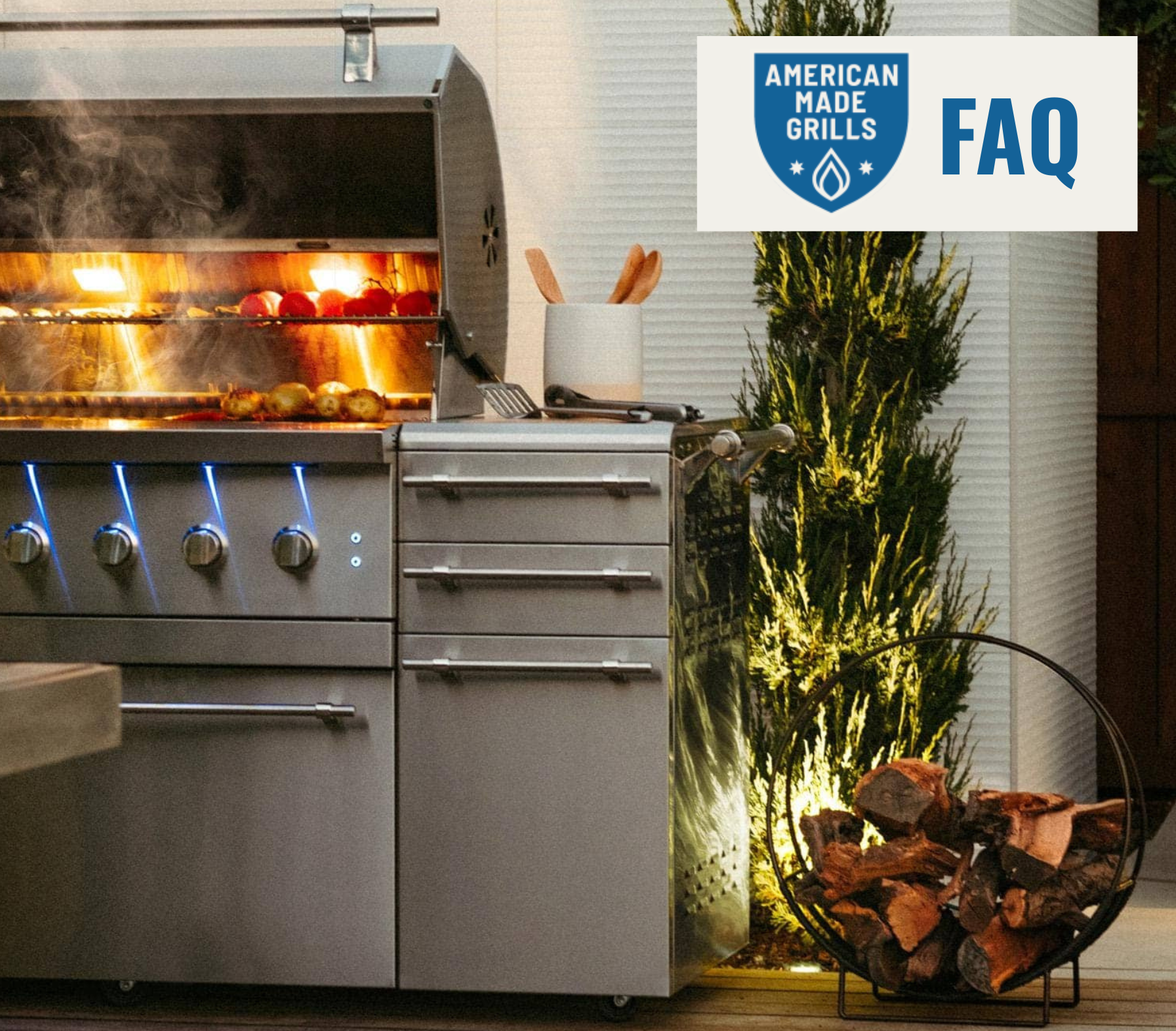American Made Grills FAQ – luxury hybrid grill with stainless steel design, wood fuel storage, and outdoor kitchen island setup